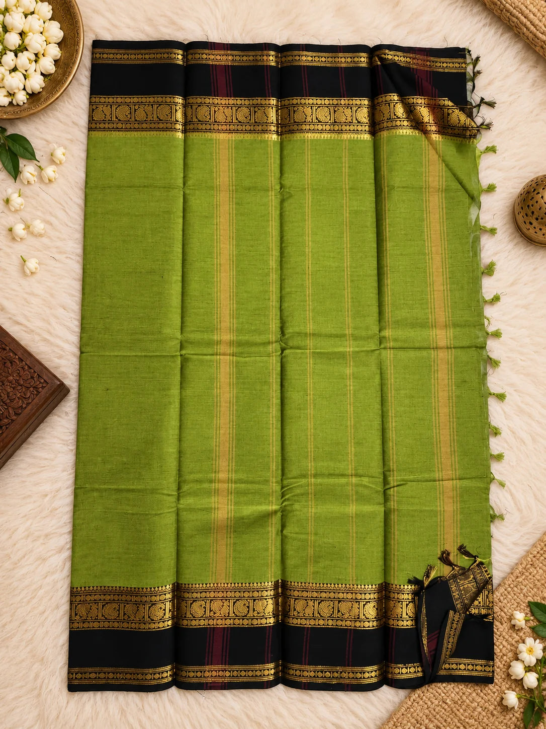 Olive Green & Black Cotton Saree with Gold Zari Border