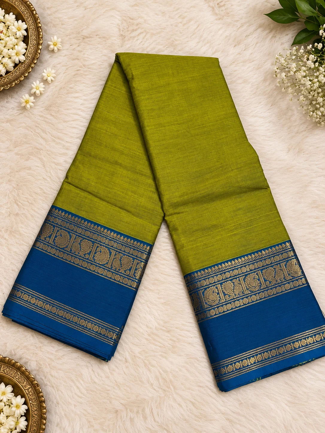 Olive Green & Royal Blue Kanchi Cotton 120 Count Saree