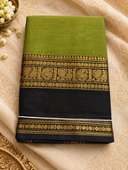 Olive Green & Black Cotton Saree with Gold Zari Border