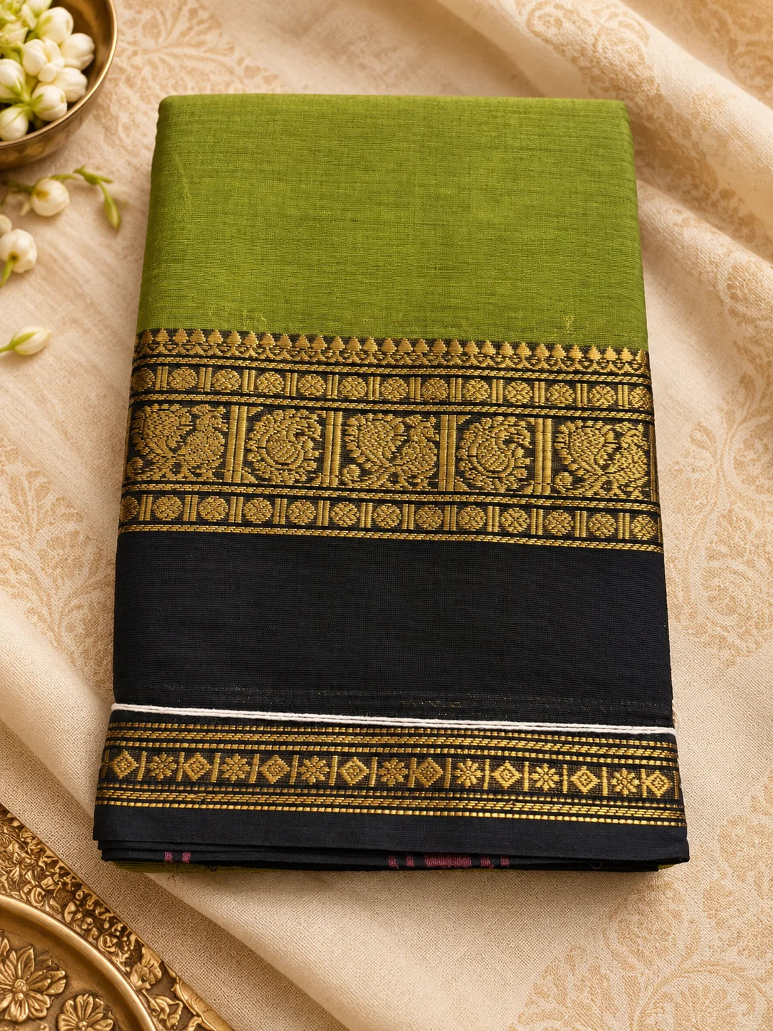 Olive Green & Black Cotton Saree with Gold Zari Border