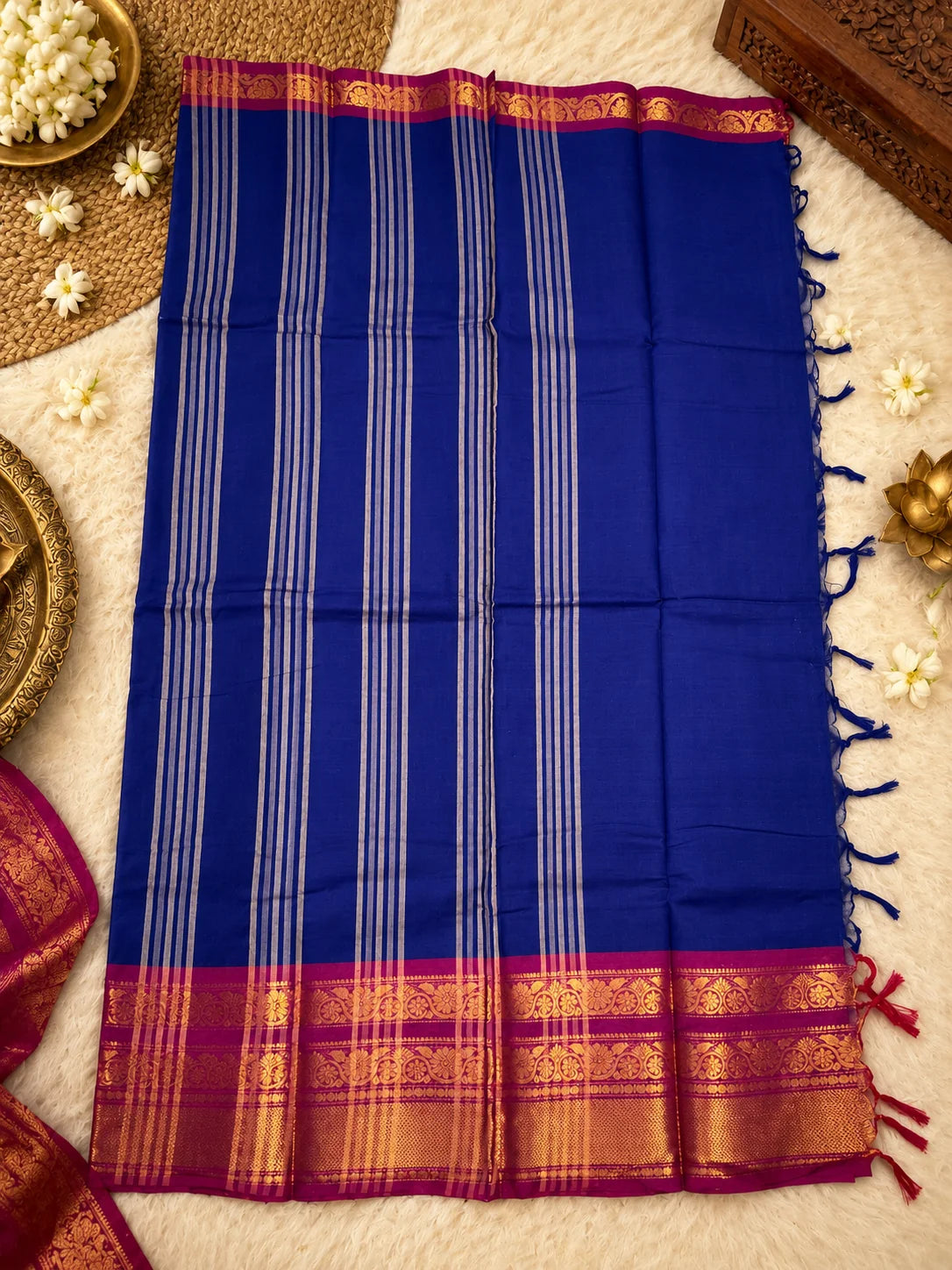 Royal Blue 120 Count Cotton Saree with Magenta Gold Zari Border