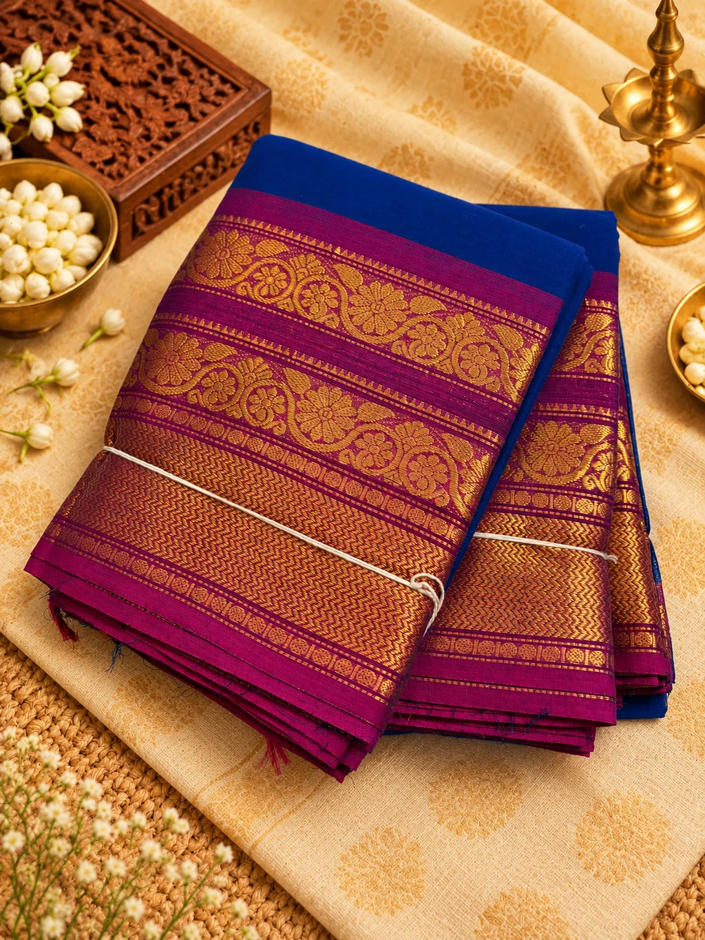 Royal Blue 120 Count Cotton Saree with Magenta Gold Zari Border