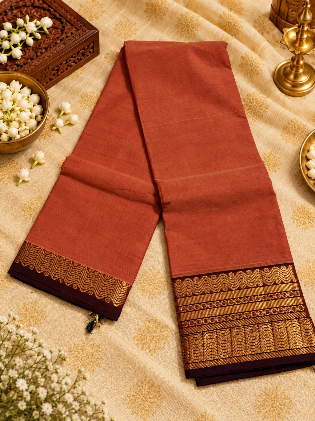Rust Terracotta 120 Count Cotton Saree with Maroon Gold Zari Border