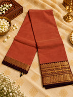 Rust Terracotta 120 Count Cotton Saree with Maroon Gold Zari Border