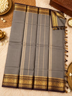 Taupe Grey Cotton Saree with Plum & Gold Zari Border