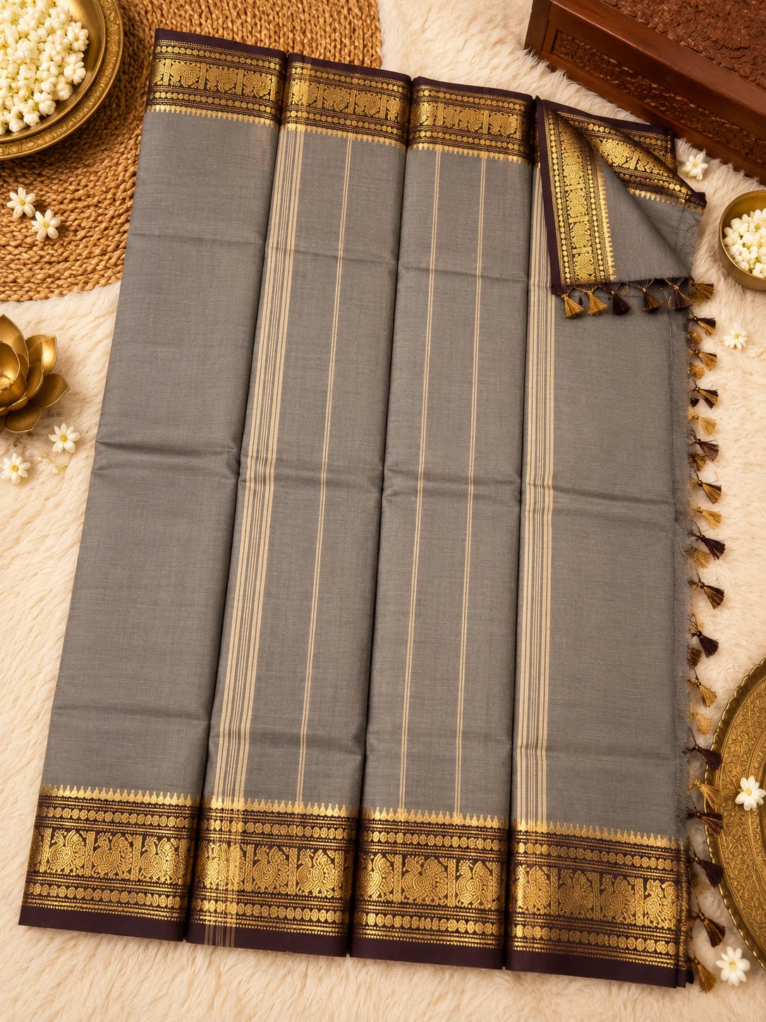 Taupe Grey Cotton Saree with Plum & Gold Zari Border