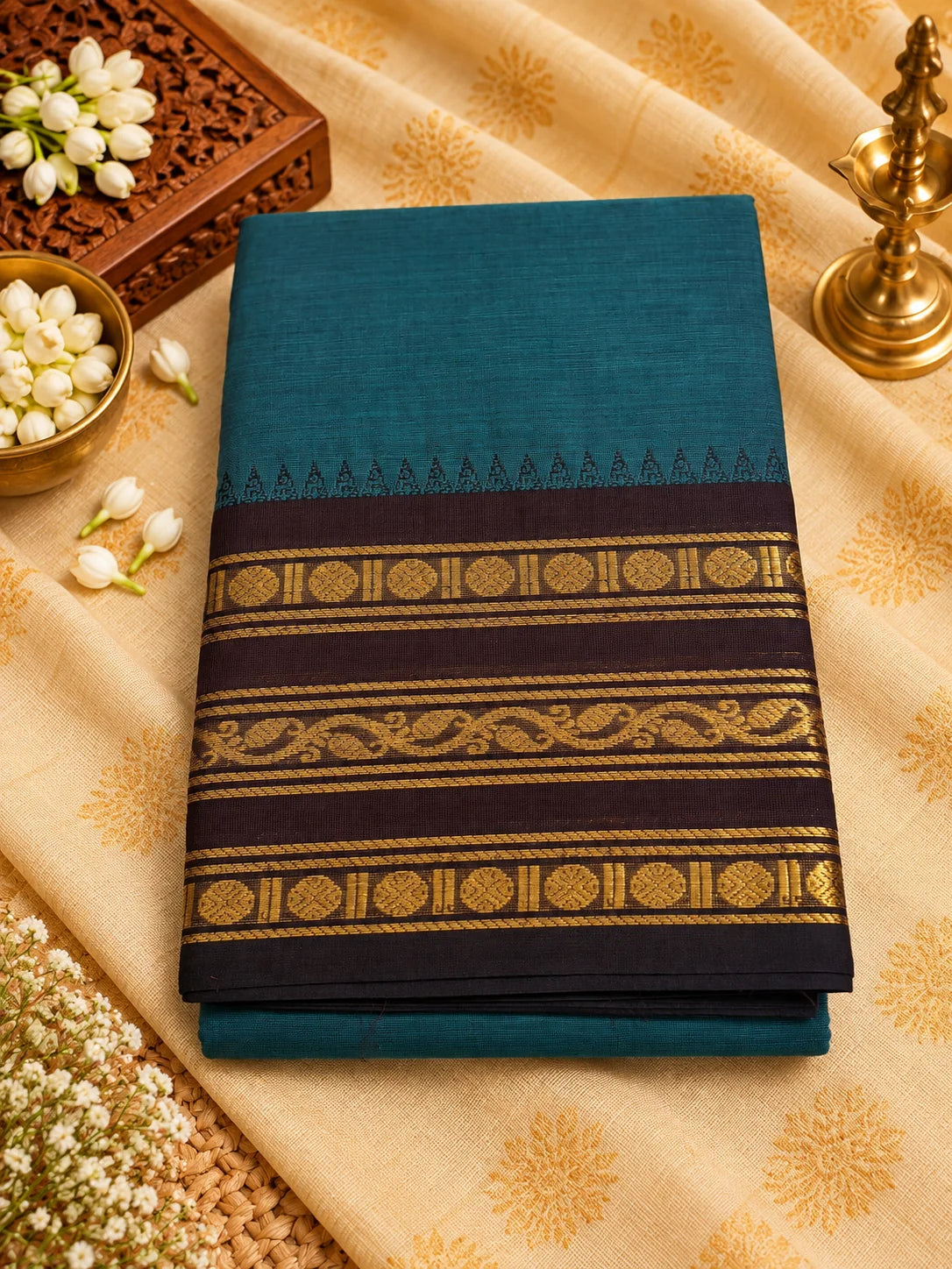 Deep Teal 120 Count Cotton Saree with Maroon Gold Zari Border