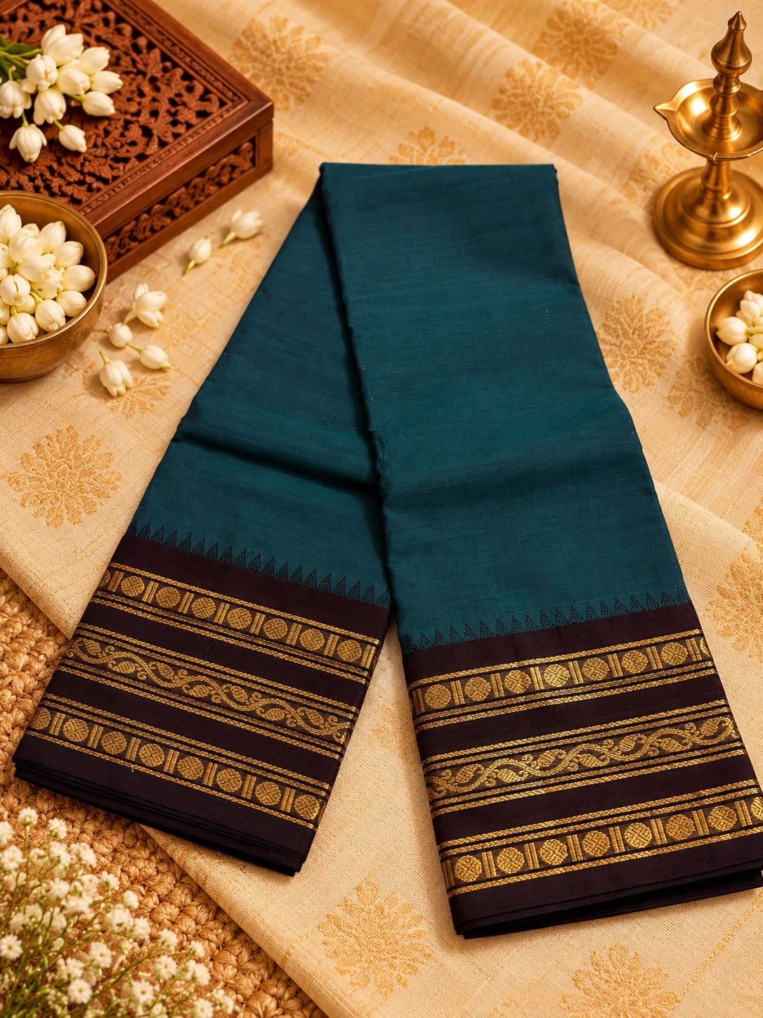 Deep Teal 120 Count Cotton Saree with Maroon Gold Zari Border