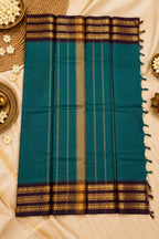 Deep Teal 120 Count Cotton Saree with Maroon Gold Zari Border