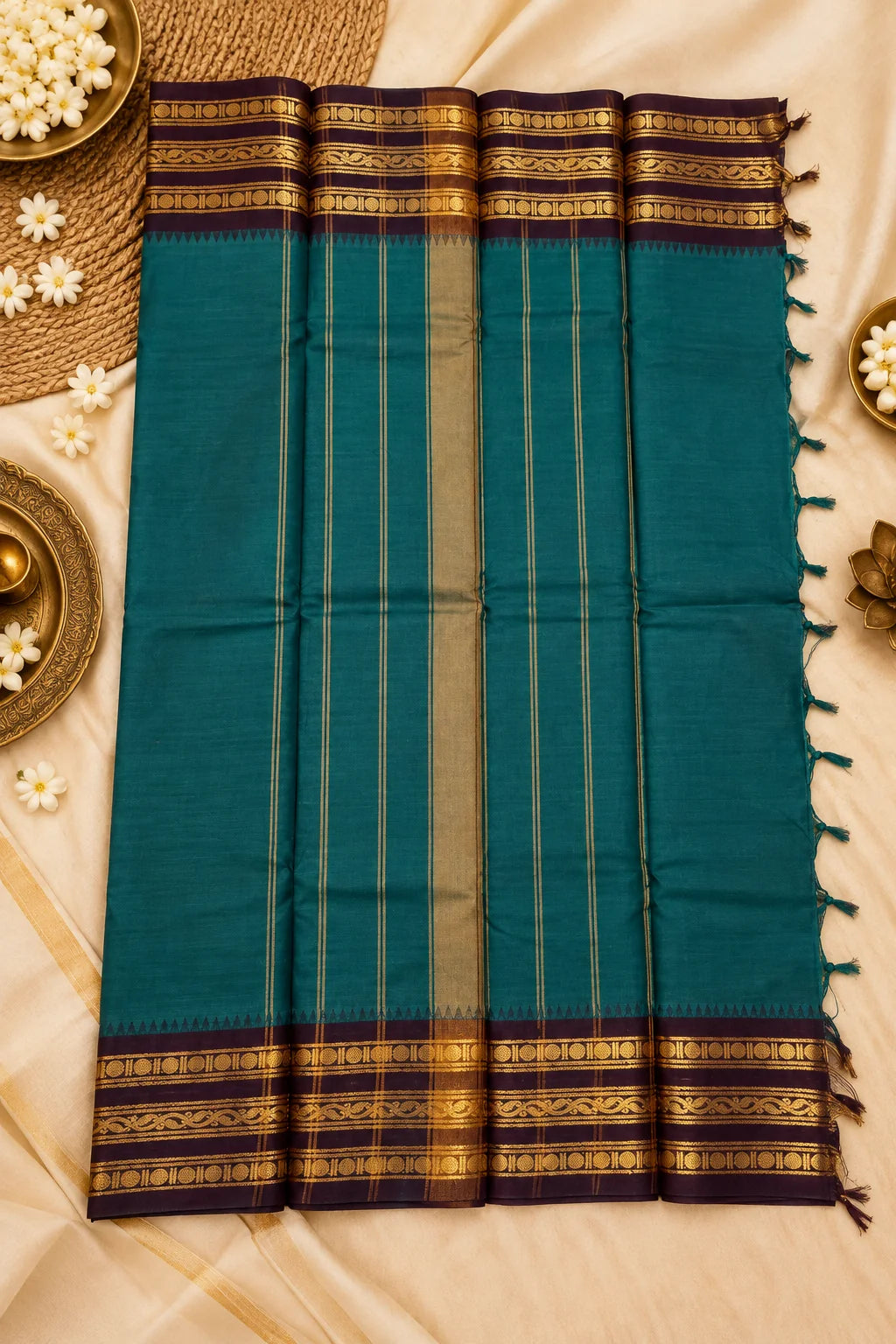 Deep Teal 120 Count Cotton Saree with Maroon Gold Zari Border