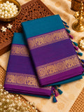 Teal Blue & Purple Cotton Saree with Gold Zari Border