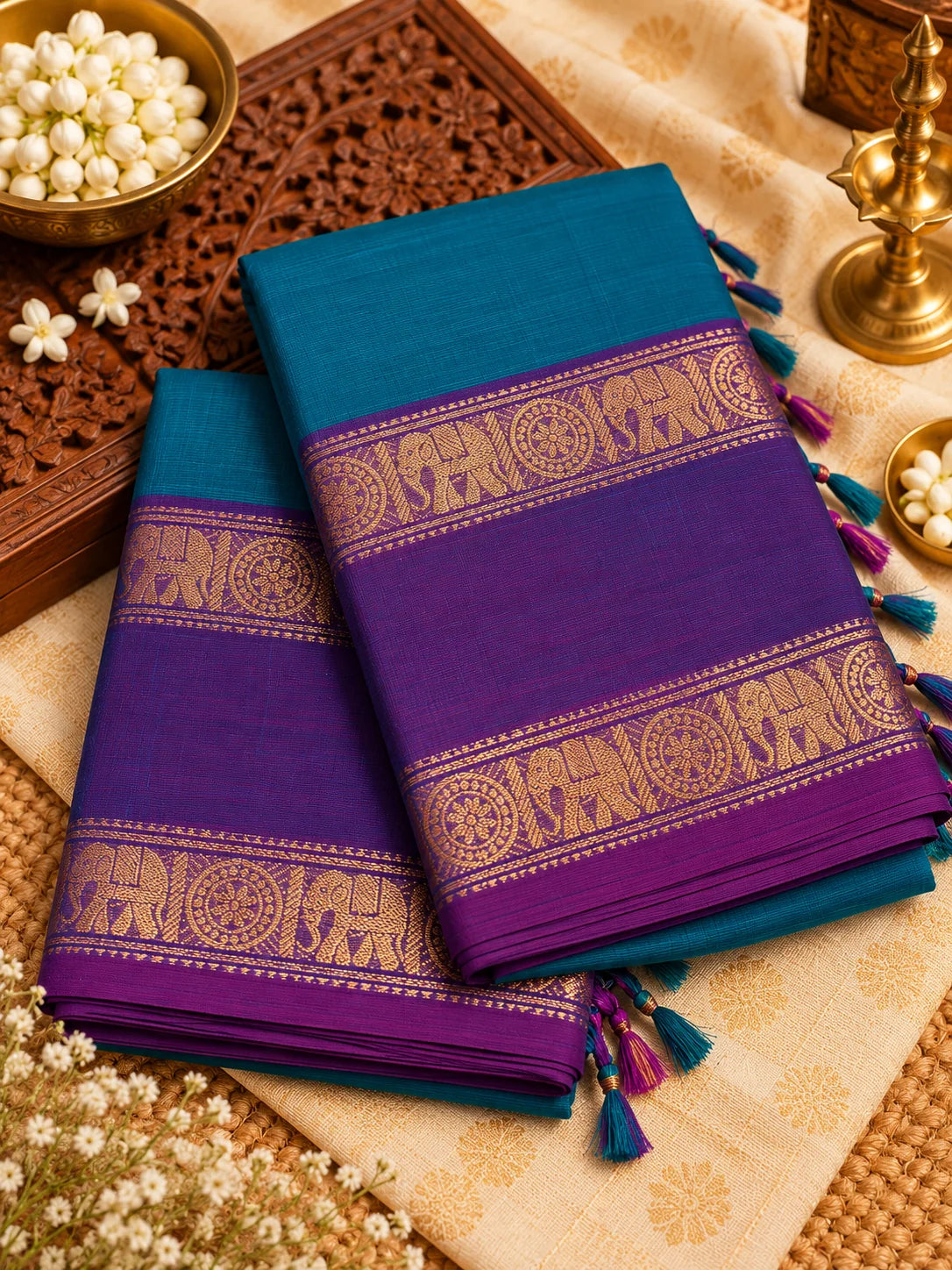 Teal Blue & Purple Cotton Saree with Gold Zari Border