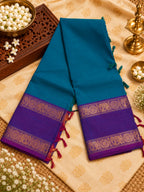 Teal Blue & Purple Cotton Saree with Gold Zari Border