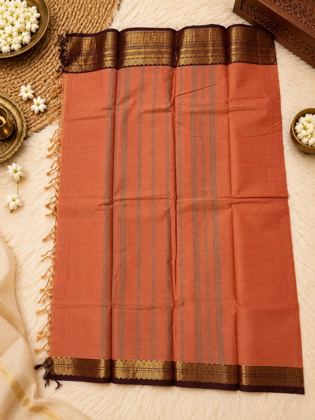 Rust Terracotta 120 Count Cotton Saree with Maroon Gold Zari Border