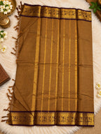 Chocolate Brown Checked Cotton Saree with Gold Zari Border