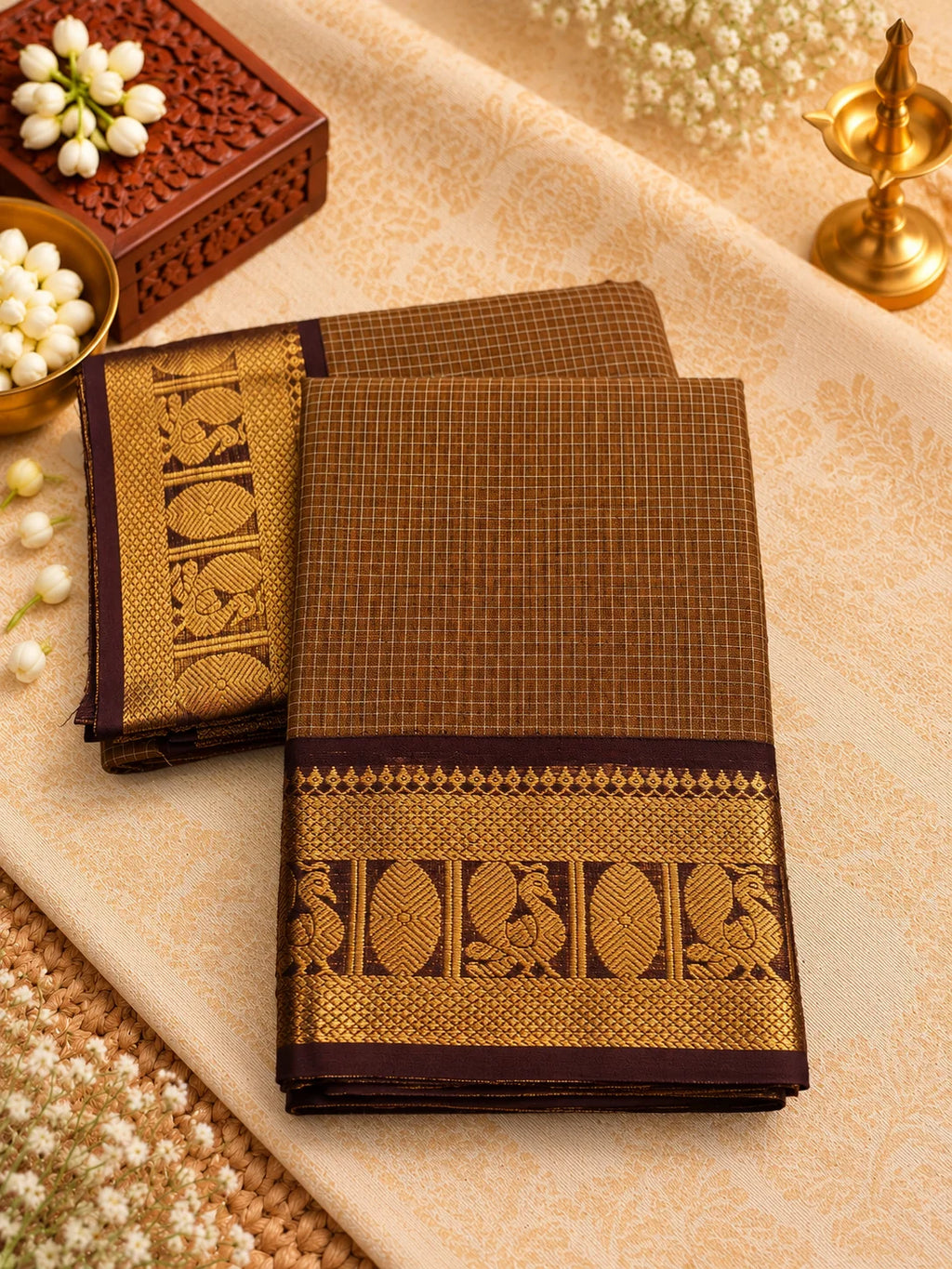 Chocolate Brown Checked Cotton Saree with Gold Zari Border