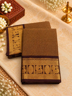 Chocolate Brown Checked Cotton Saree with Gold Zari Border