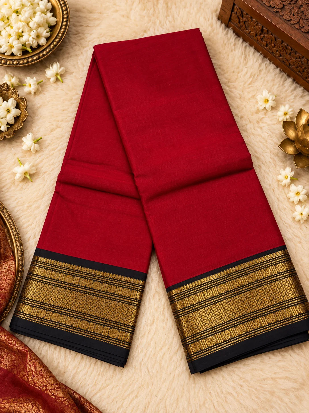 Red & Black 120 Count Cotton Saree with Rich Gold Zari Border