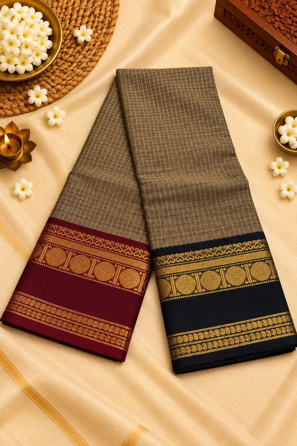 Two folded sarees displayed on a beige satin fabric background, decorated with traditional Indian props. One saree is brown with a maroon border and gold zari work, and the other is black with a navy border and gold zari work.
