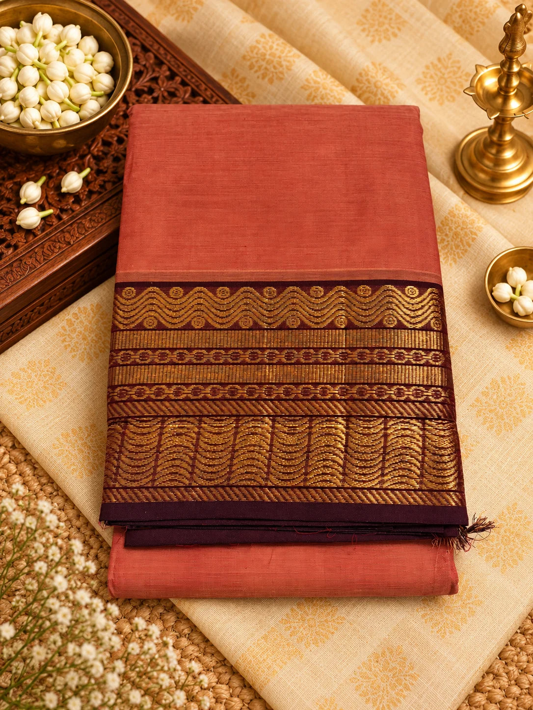 A folded terracotta-colored silk saree with an ornate gold and brown zari border, displayed on a beige patterned fabric alongside decorative brass lamps, a bowl of white flowers, and a carved wooden tray.