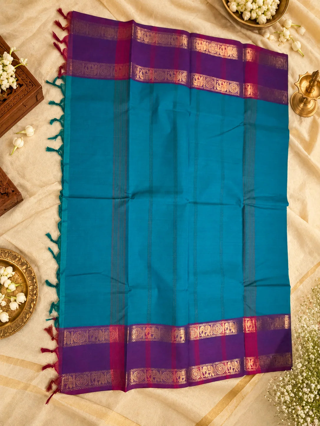 Teal Blue & Purple Cotton Saree with Gold Zari Border